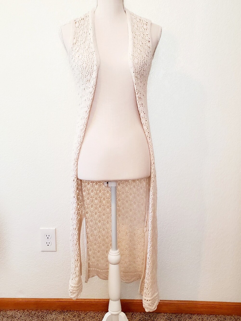 Freshman Cream Crochet Open Duster Vest